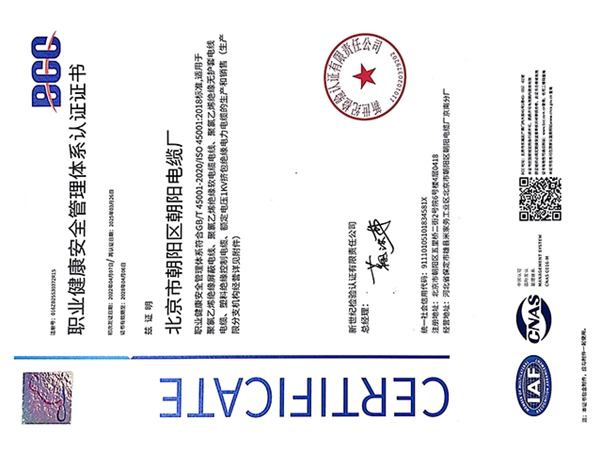 职业健康安全管理体系认证证书